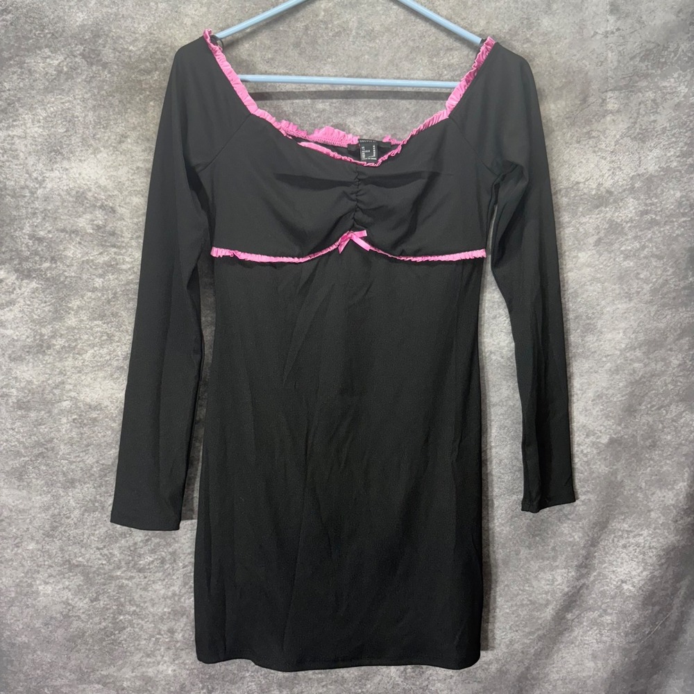 Forever 21 Black Pink Ruffle Trim Long Sleeve Babydoll Bodycon Mini Dress Size M